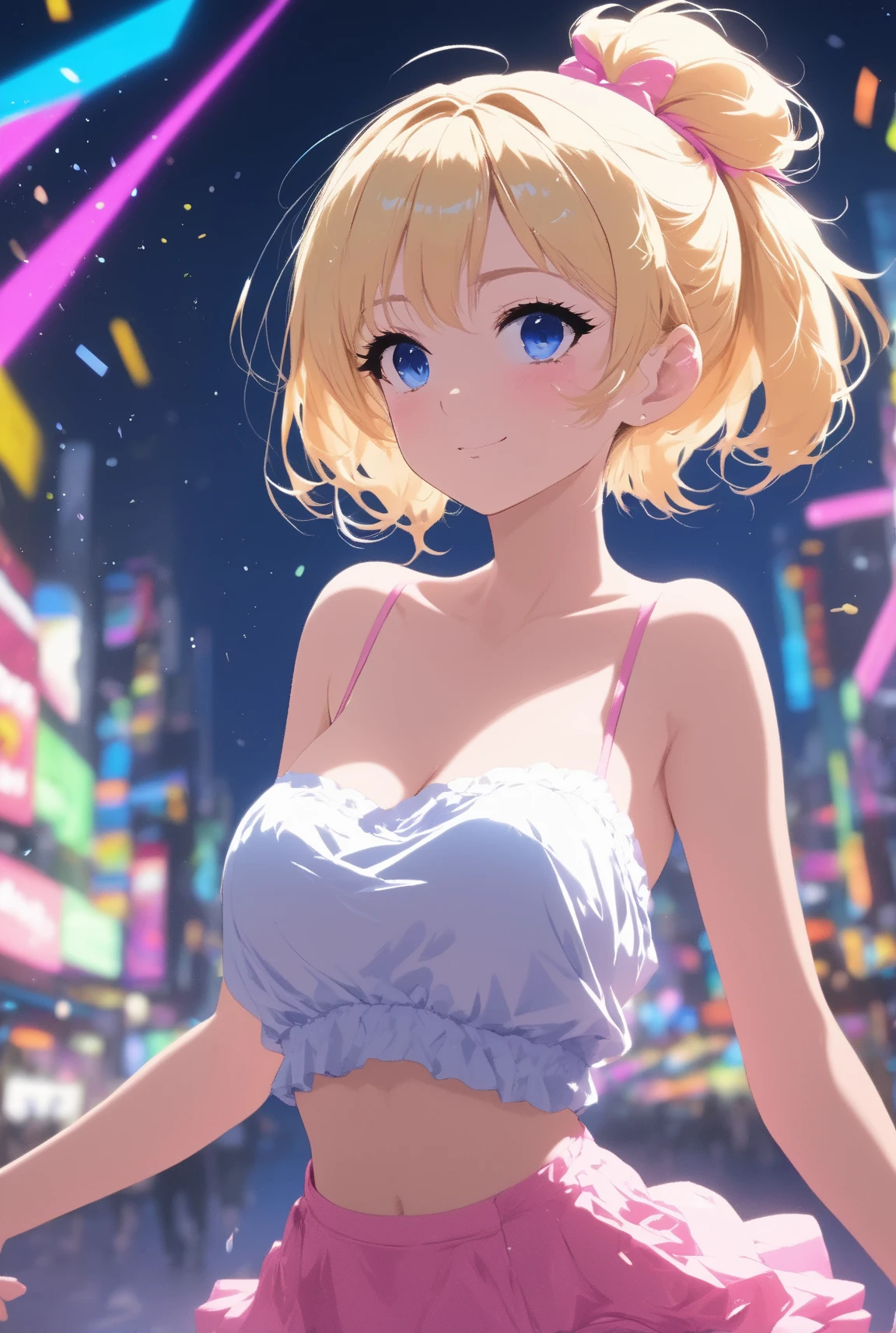 Highest quality, 1peopleの女の子, (skeindentation), (Huge breasts:1.2), (blur bacけground:0.6), (street:1.2), (people々, crowd:1), garden, Day, Outdoor, (Casual yet stylish, Elegant fabric, high necけ dress:1.5), nice, (bangs, short hair:1.5), (Floating Hair:1.2), (Dynamic pose:1.2), Soft lighting, Wind, (Front light:1.5), makeeup,