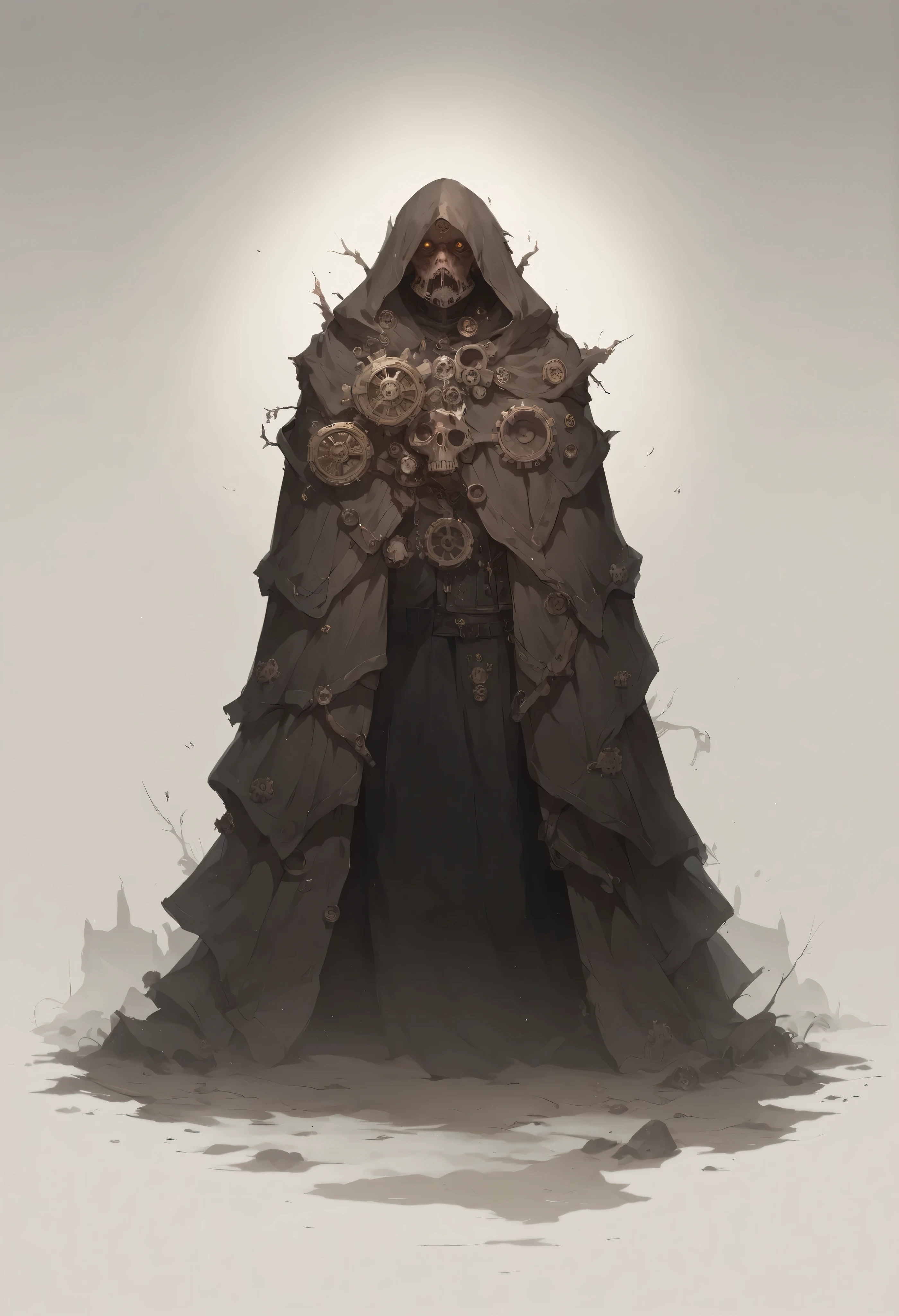 giant robot on a platform in a desert cave, leaning forward, 6 bright white glowing eyes arranged in a hexagon, smooth metal plating covering the mechanics, divine aura, multiple long slender arms resting below, mechanical, massive metal halo around head, slender body, draped in various tattered garbs, large metal antlers, creepy, lots of legs, thick lineart, rossdraws, cel shading