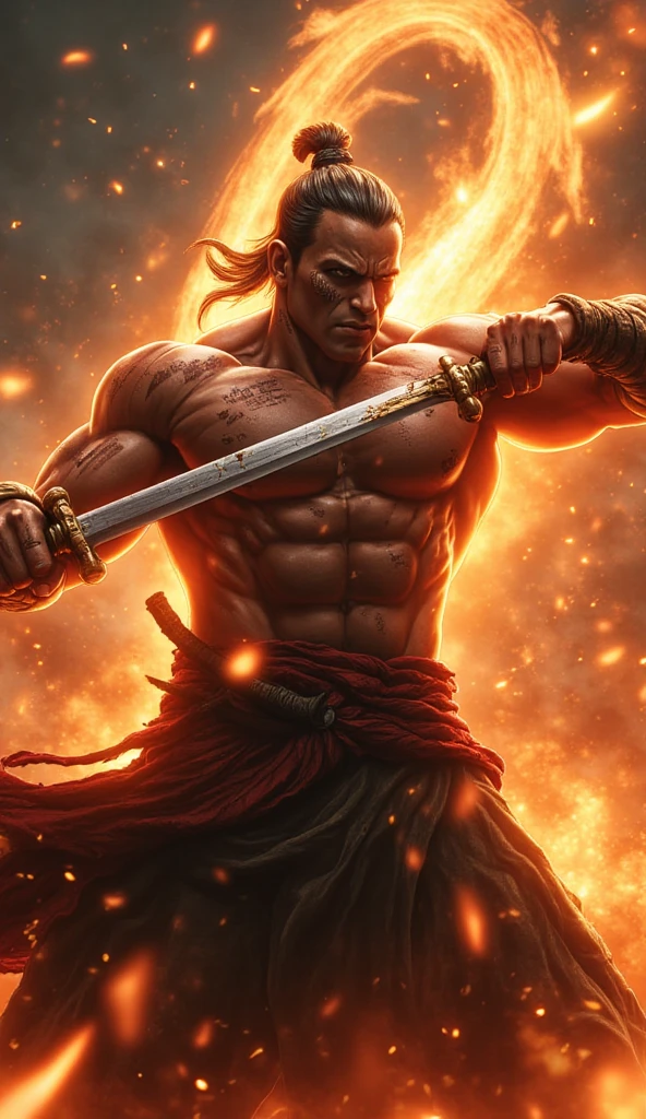 Dark skinned anime character man with fire sword