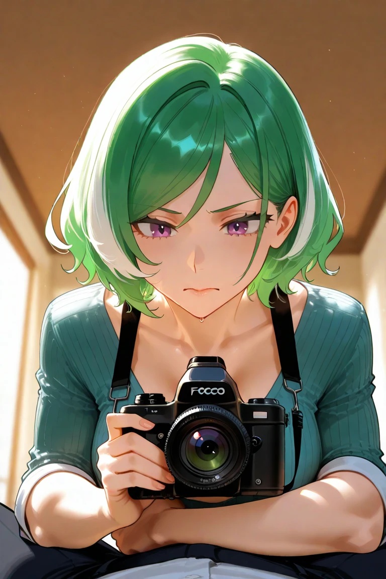 A little chubby girl with green hair and big breasts in a towel after a shower taking a picture in the mirror
