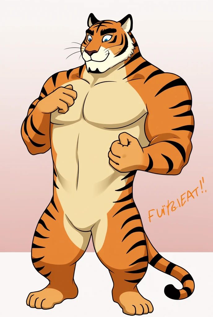 solo, tiger face,Cute face,Humanity(tiger), ( penis ) ,(Sideways, sidled), Chubby,(white eyebrows:1.1),(perfect black eyes),Simple background, Blue Background,print style。, shoeless ,（Artist:Takemoto Arashi）