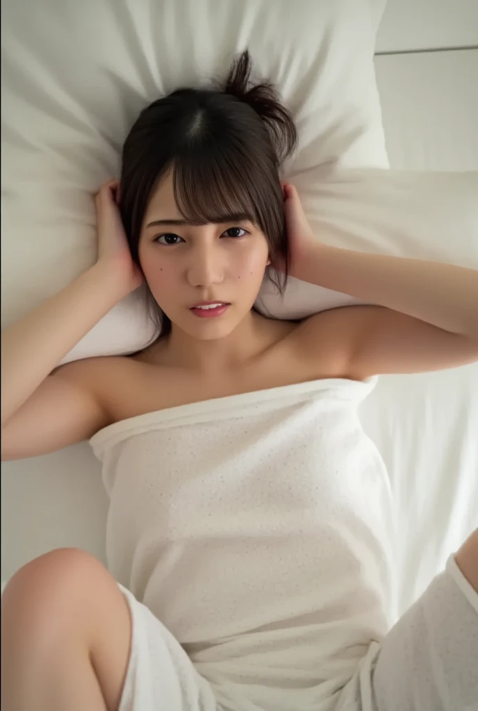 a woman being、One Girl、{Best Quality}、{Ultra-detailed illustrations}、Best image quality、Embarrassing、blush、Troubled face、bed、{Lying on your back}、Lie、Changing diapers、Black Hair、Bob Hair、 body type、Small breasts、Upper body naked
