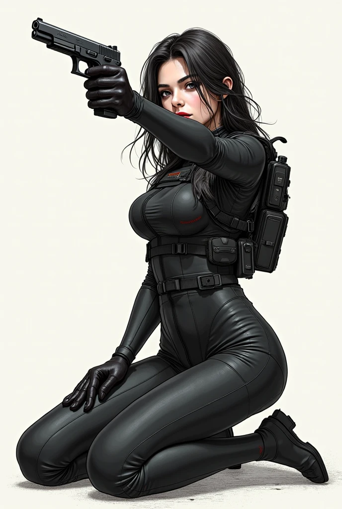 (masterpiece, top quality, best quality, official art,beautiful and aesthetic:1.2),(4k,8k, best quality,masterpiece:1.2),(((white background))), solo,Female gunner, standing position, holding a pistol, wearing black gloves and protective gear, with braided hair, representing female characteristics. The character has a clear and accurate structure, modern realistic representation, and consistent lighting that looks natural and believable.