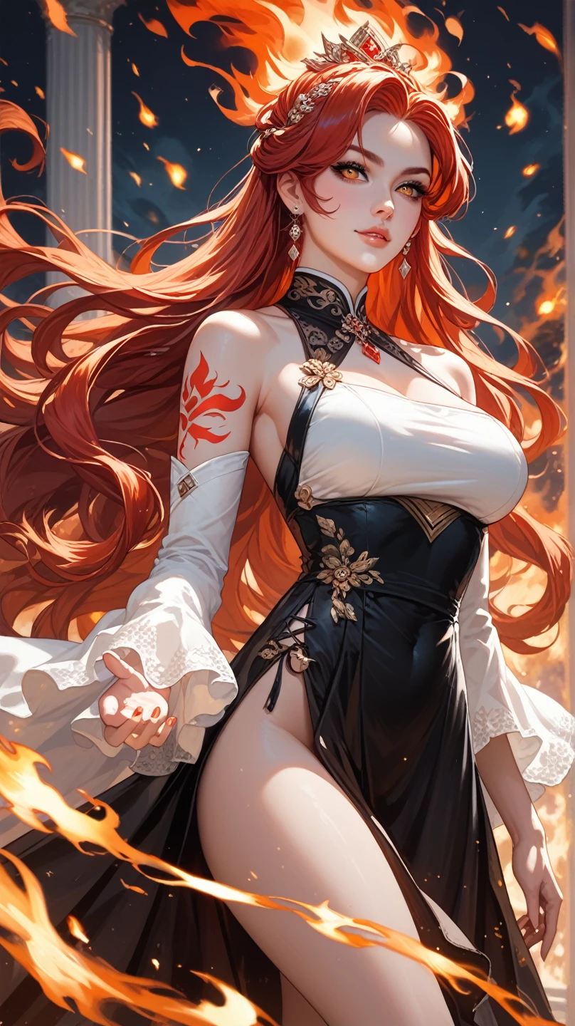 Woman with fox features, (Ahri) you can see her nine tails, she has nine tails, with nine tails Lucy Pinder, face portrait, portrait, smiling, (Selena Gomez), ((very intense makeup)), voluptuous, cleavage, lace, ((singing)) brown hair, long hair, white blouse, red jacket, black plaid skirt, Hilary Duff, the background must be a river of fire, the silhouette of the fox is surrounded by flames, showing the majestic fur of the fox, the image must be realistic. To add contrast to the image, she should have a unique charm, with nine tails. (Ahri)