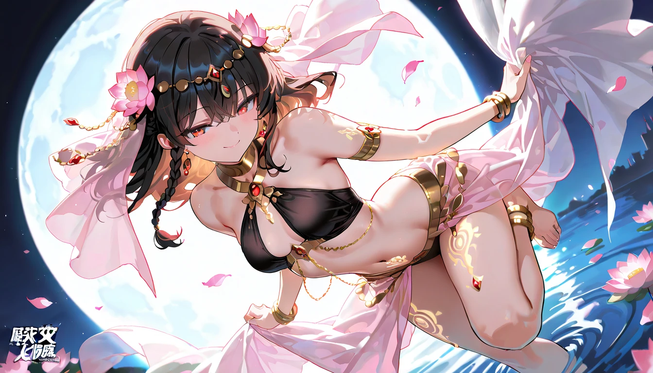 16k works,Highest quality,18-year-old,No background.White background only,whole body、Kneel,Dynamic and sexy pose, One person, Beautiful Face,, Symmetrical eyes, Perfect body, Good balance、 Perfect body、 Luxurious costumes with intricate embroidery, A long transparent colorful ribbon tied on the arm, Showing your belly button, Bare shoulders, Bear neck, Dark curls tied high in a ponytail with a flower hairpin, bangle ribbon, wreath, bracelet, anklet, Metal chain tassels at waist