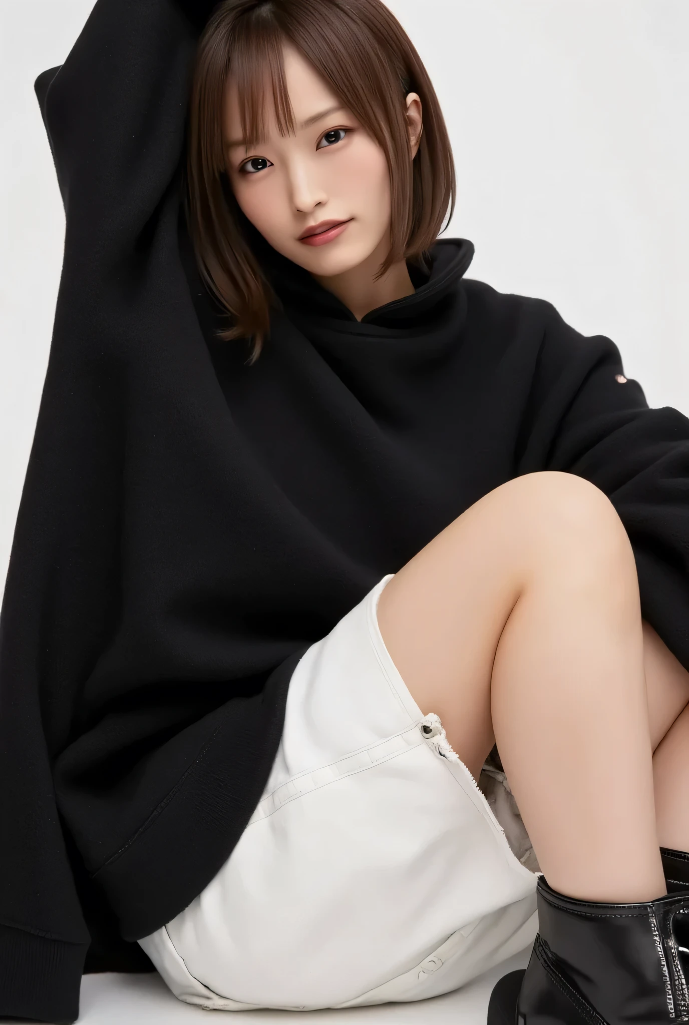 after being played in high definition,high quality,Realistic,realistic,8k,high detail,realisticな照明,female,white skin,brown hair,black eyes,midium hair,white short pants,oversized black shirt,black ankle boots,slender,sitting,thighs focus,close up thighs,smile,from above,thighs