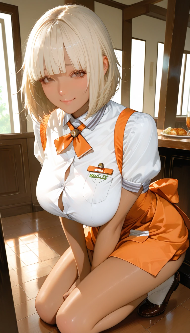 a sexy girl, with BLONDE hair, She is in the city, and is wearing a red jacket open over a WHITE BODY, Blonde with bangs, Blue eyes, visible nipple, view from behind sitting