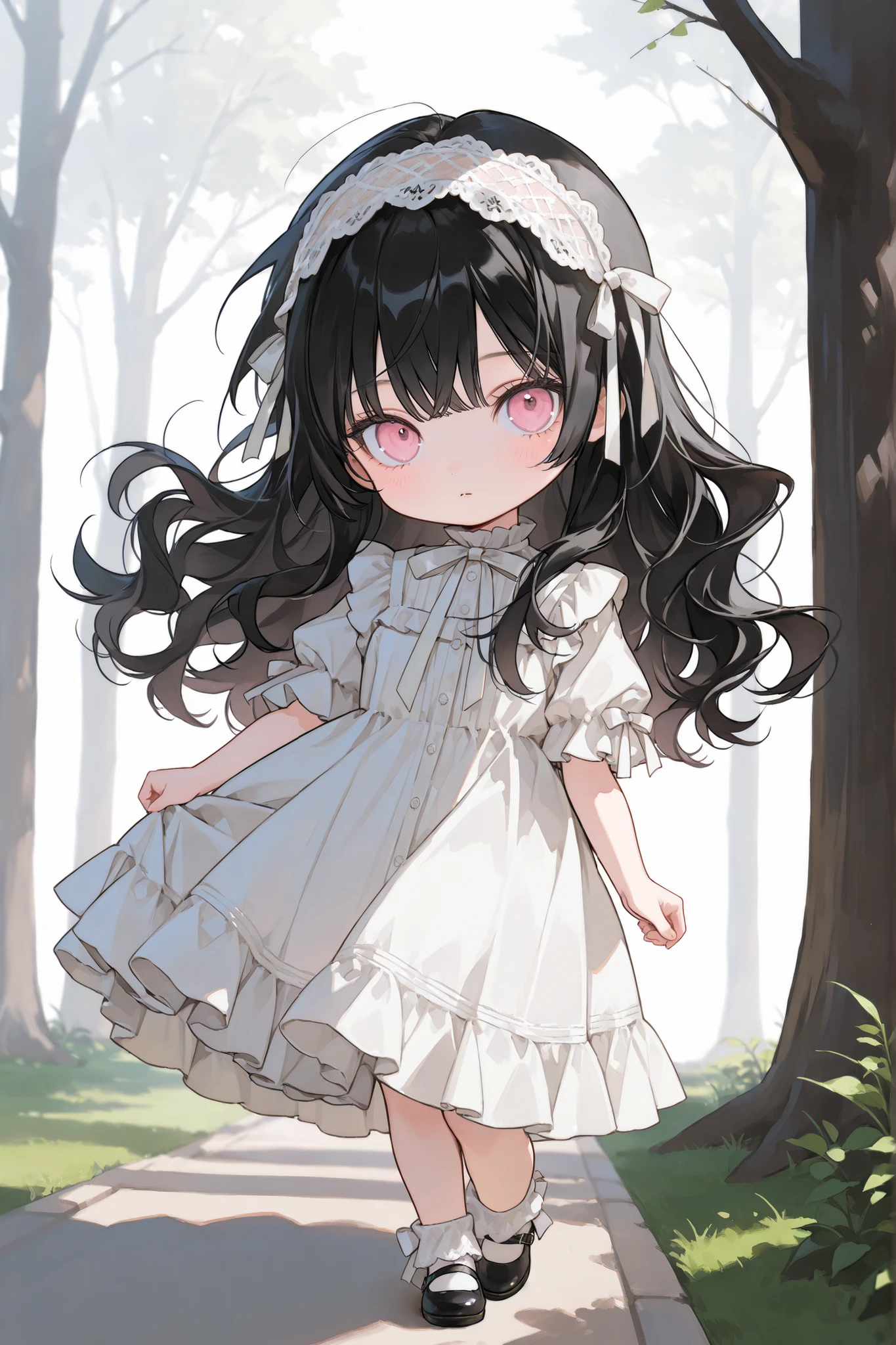 full body, 1 girl, ((very young, chibi, 110cm tall)), small cute girl, cute round face, ((black hair)), long hair, white lace ribbon hairband, wavy hair, bangs, light pink eyes, round puppy eyes, large eyes, Modern ren's dress with mansion yard, trees and frills, intricate details, masterpiece、high resolution illustration, very aesthetic best quality、Good quality、 average quality 、 super detailed、 very beautiful、 absurd、depth of field、 natural light、 soft lighting 、Good hands 、 detailed eyes on board、 detailed hair、sensitive, high resolution illustration, very aesthetic, finely detailed beautiful eyes and detailed face, Top quality, High detail, 8k, 1 solo, Beautiful appearance, Random pose, white background