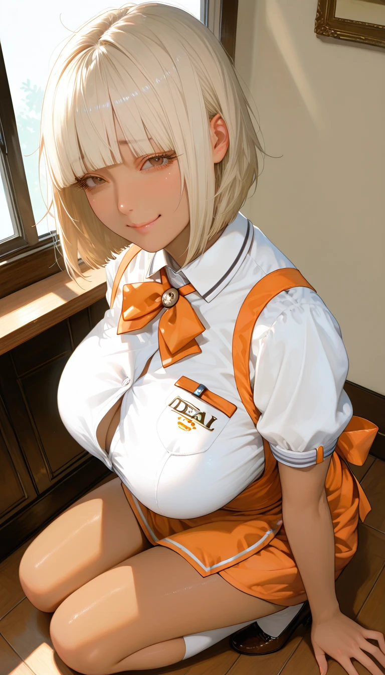 masterpiece, best quality, extremely detailed, 1girl, milf, solo, (dark skin, dark brown skin:1.8), elegg, (huge breasts), ((((hair intakes, multicolored hair), short hair, bangs, hair over one eyes, purple eyes))), parted lips, (((seifuku, blue sailor collar, long sleeves, long blue skirt))), ((light smile), closed mouth), ((school, indoor))