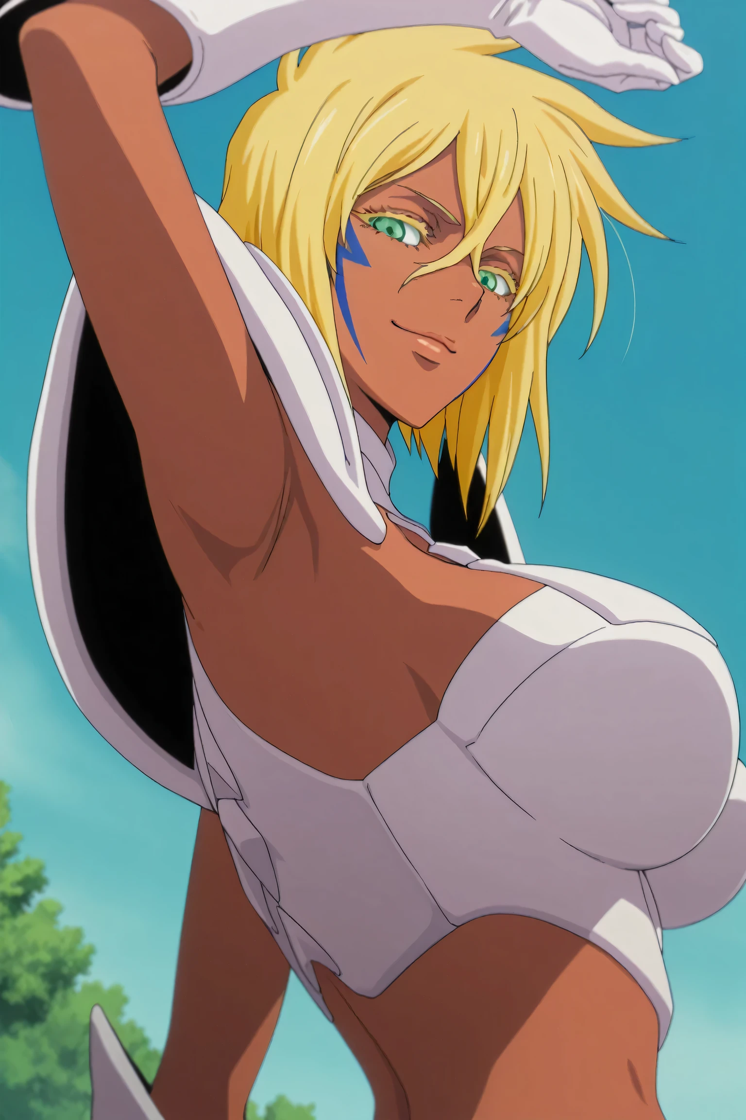 halibeltier, halibel tier, short hair, blonde hair, green eyes, dark skin, dark-skinned female, facial mark,
BREAK armor, pauldrons, skirt, cleavage, cleavage cutout, gloves, white gloves, midriff, navel, collarbone,
BREAK outdoors,
BREAK looking at viewer, (cowboy shot:1.5),
BREAK (masterpiece:1.2), best quality, high resolution, unity 8k wallpaper, (illustration:0.8), (beautiful detailed eyes:1.6), extremely detailed face, perfect lighting, extremely detailed CG, (perfect hands, perfect anatomy), large breasts, blush, wet body, beach, playing voleyball, exhaust, right leg up, LOVER AT VIEWER