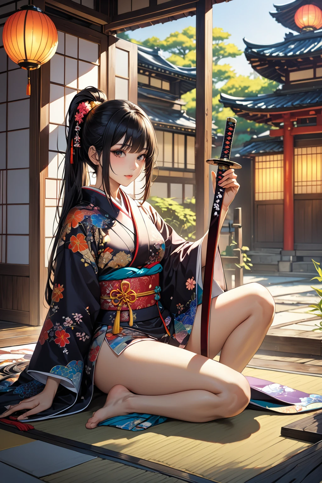 absurdres, RAW photo, extremely delicate and beautiful, masterpiece, Best Quality, ultra high resolution, 32k, hyperrealistic, ultra-detailed, in her 20s, delicate facial features, tearful mole, earring, medium breasts, full body shot, shorter middle hair, black hair, shuimobysim, Japanese kimono, ninja, samurai, sword with blue flames,