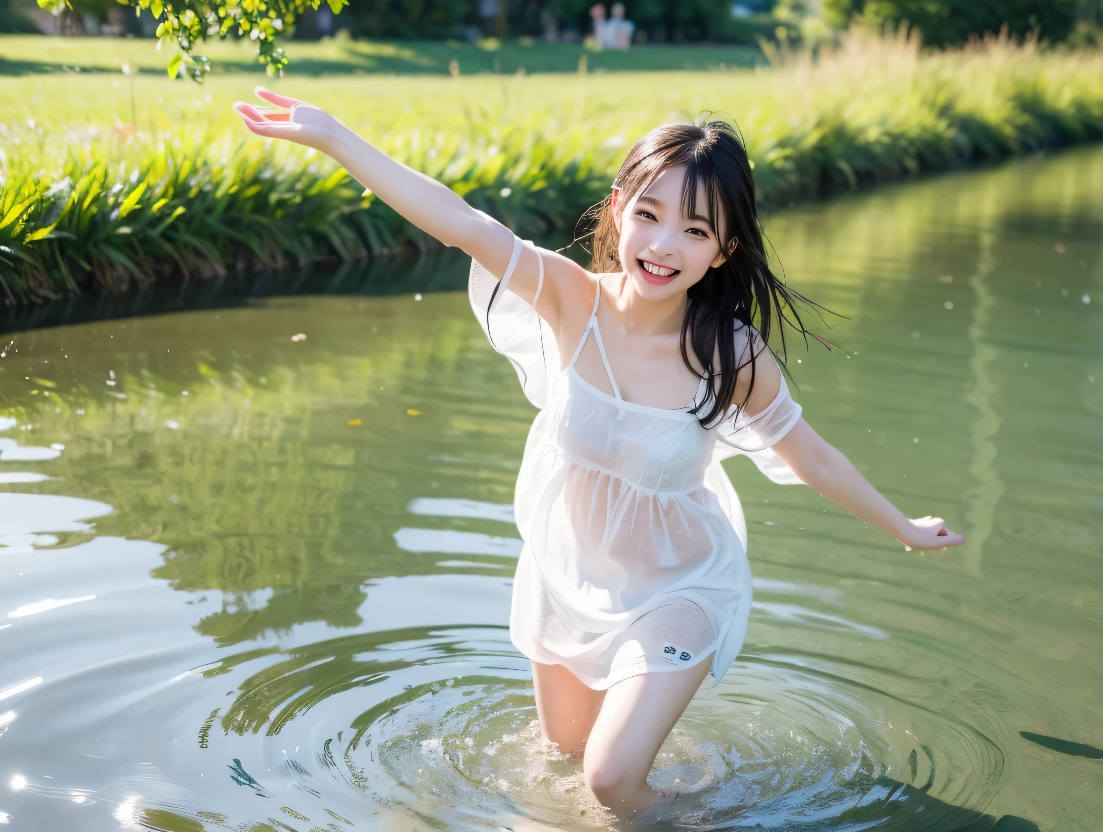 top-quality，Knees，playing in the water，poneyTail，White T-Shirt Dress，(embarrassed from，red blush)，(14 years old girl)