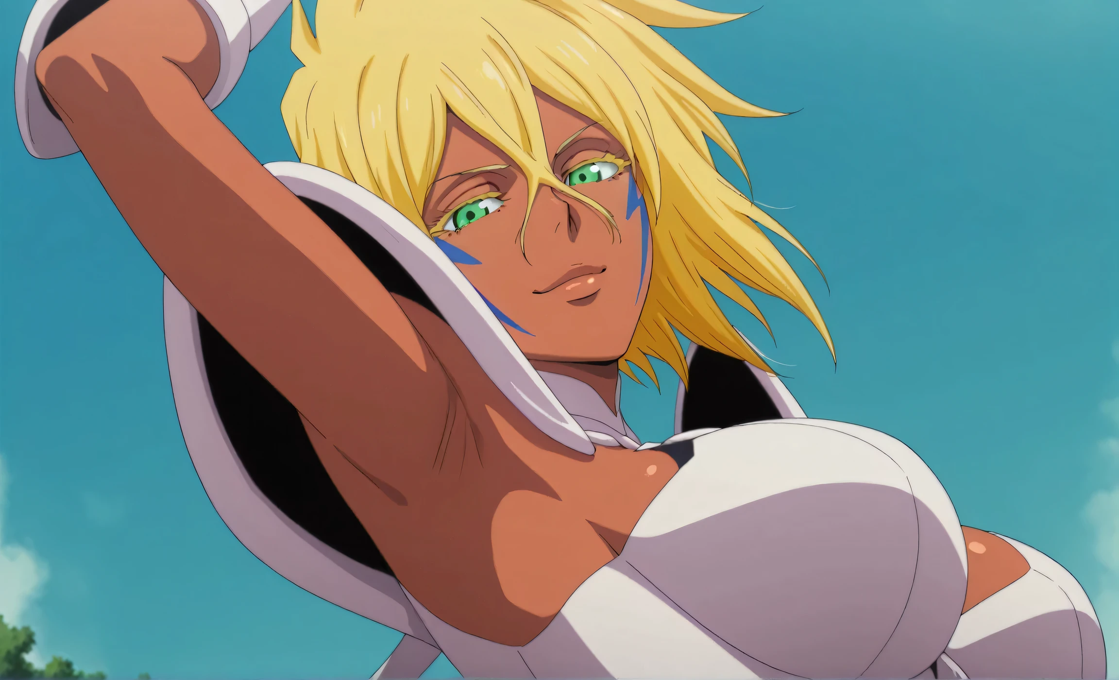 (((Haribert layer, Short hair, Blonde hair, dark skinned female, face markings, Armor, pauldrons, Skirt, cleavage, cleavage cutout, midriff, navel, 鎖骨,Tear Halibel(Armor),Crop top,Brown skin,Turquoise eyes,Short blonde hair,The cheeks have dark blue lightning-like facial lines,Black and white armor))),((Masterpiece)),A high resolution, ((Best quality)),tmasterpiece,top-quality,best qualityer,((( Exquisite facial features,looking at viewert,There is light in the eyes ))),(((Light and shadow interlace,huge boob))),(((Arapei Asian woman poses for a photo, Sexy girl, 2 9 years old, 1 9 year old, Crop top, 18 years old, 21 years old, 19-year-old girl)))