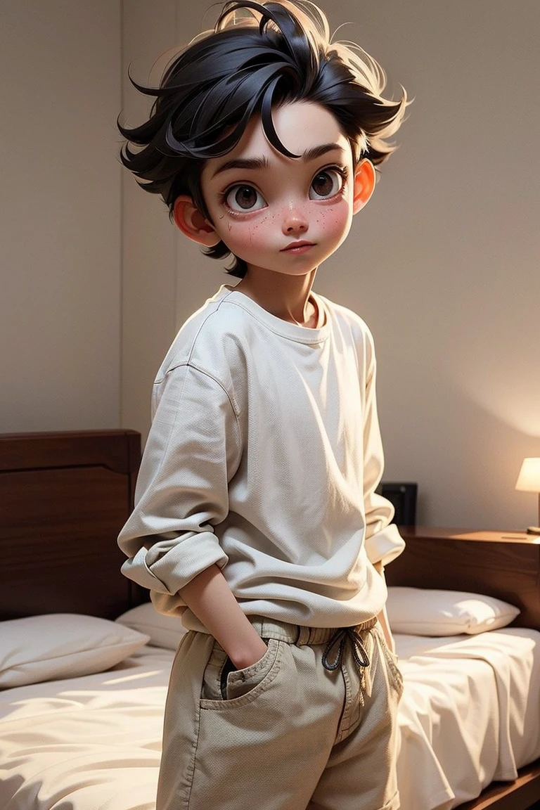 obra-prima, (ultradetalhado), Make me an 8 year old boy with black eyes, cabelo castanho em um formato de desenho animado em um fundo branco