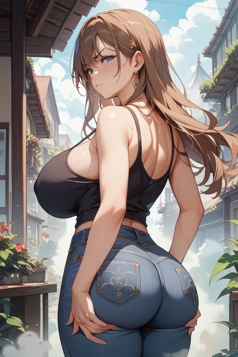 top-quality、Top image quality、masterpiece、girl with、skin gloss、Backward view、Buttock emphasis((Dynamic super close-up looking up from underground))、Lower body leg emphasis、breasts are slightly larger、Slightly thicker emphasis on cleavage、Versatile sexy poses、Denim shorts、Bare legged、Face Real、Face smile、Autumn foliage