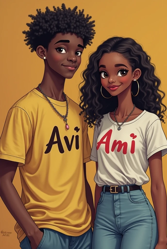 Characters couple black turtleneck shirt with the name Biel and Carol in capital letters nothing the black girl curly hair the white man with green eyes blue jeans anime theme