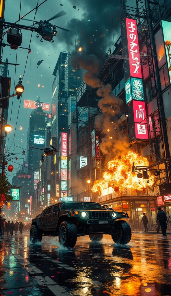 photo, photography, film camera, cars parked on the street burning, shops burning with shattered glass, night time, dystopian sci-fi, cyberpunk, neon signs, 8k, photo realistic, (low angle), grainy, camera, pjw style <lora:pjw_style:1>