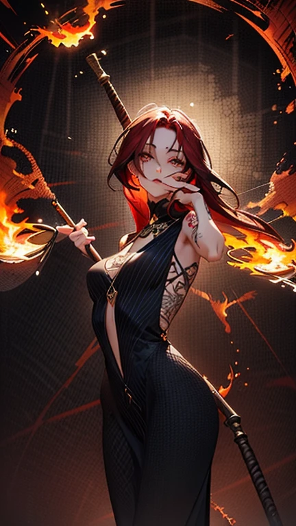 (masterpiece, best quality:1.2), <lyco:style_arknightse2art-10:1.0>, <lyco:Nikusa:0.9>, [(white background:1.5)::5], flames, fire, full body, solo, 1girl, nikusa, smile, looking at viewer, arms behind head, white hair, colored inner hair, red eyes, huge breasts