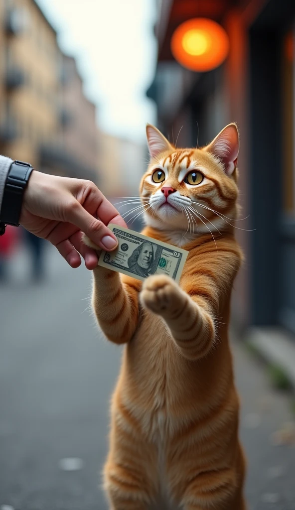 image of a hand offering money to a fishmonger cat, holding fish, 8k, ultra detailed, at the market, <lora:cashbaba:0.6> <lora:xl_more_art-full_v1:0.5>