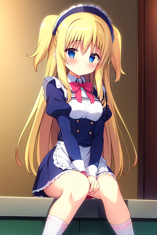 1girl, solo, long hair, blue eyes, blonde hair, crown, sitting, pantyhose, dress, bow, card, apron, hairband, playing card, looking at viewer, short sleeves, hair bow, blue hairband, smile, blush, hand on own face, blue dress, alice (alice in wonderland), hair between eyes, chair, black pantyhose, blue bow, throne, puffy sleeves, hand on own cheek, bangs, puffy short sleeves, ribbon, very long hair, mini crown, feet out of frame, frills, white apron, :q, masterpiece, best quality, (((lift skirt, white panty, camel toe))),
