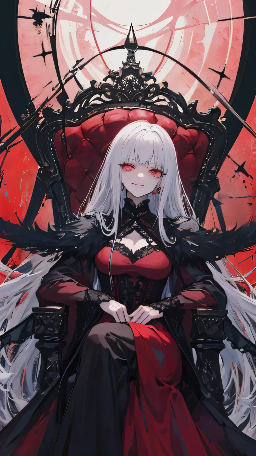 A seductive anime villainess in a gothic spider-themed dress, sitting on a throne made of silver web strands. Her smile is sweet, but her gaze is venomous. She controls glowing silk threads that float in the air.  gothic ta aesthetic, glowing red eyes, ethereal lighting, anime fantasy horror style, captivating elegance, villainous grace