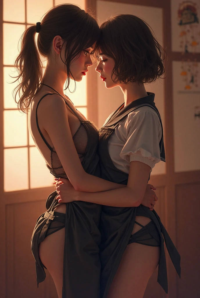 NSFW, 8k RAW photo, top-quality, masterpiece, 超A high resolution, film grains, filmg, 2 girls, Watch your audience carefully,(Hug face to face、Two people hug each other strongly、Two people hugging each other、Two people hugging each other、Bring your cheeks together)、Lily couple、Lesbian couple、 natural skin textures, realistic eyes and face details, Full lips, lipsticks, (makeup), Red Eye Shadow, Both have fluffy clean short hair with bangs,closes mouth, Beautiful legs, Tall lady, Tall lady、skiny, Slim legs, 独奏, huge-breasted, cleavage of the breast, Pose with your buttocks facing you, Ultra short skirt, long clean legs、buttock, Transparent shirt, (细致背景), plaid skirts, White collared shirt, clean white skin、de pele branca、large full breasts、huge-breasted, cleavage of the breast, Show a little cleavage through the shirt,, blurry backround, bblurry, Plaid, shortsleeves, JK ribbon on neck, JK Ribbon, A dark-haired, A bracelet, Eau, bangss, 校服, jewely, s lips,Very short pleated skirt, depth of fields、long clean legs、glowy skin、long neck、long neck、Put your ears out、Put your ears out、Highlights in the eyes、Look firmly at the camera、gazing at viewer、Sheer white underwear is visible from between the skirts、Sheer white underwear、They both close their mouths and smile happily.........、Good proportions in style、(Female with a height of 178 cm、Slender female figure、Straighten your back、Only 2 people)、((A kiss with two tongues entwined、Two people close their eyes and kiss richly、Two people kissing richly with their eyes closed))