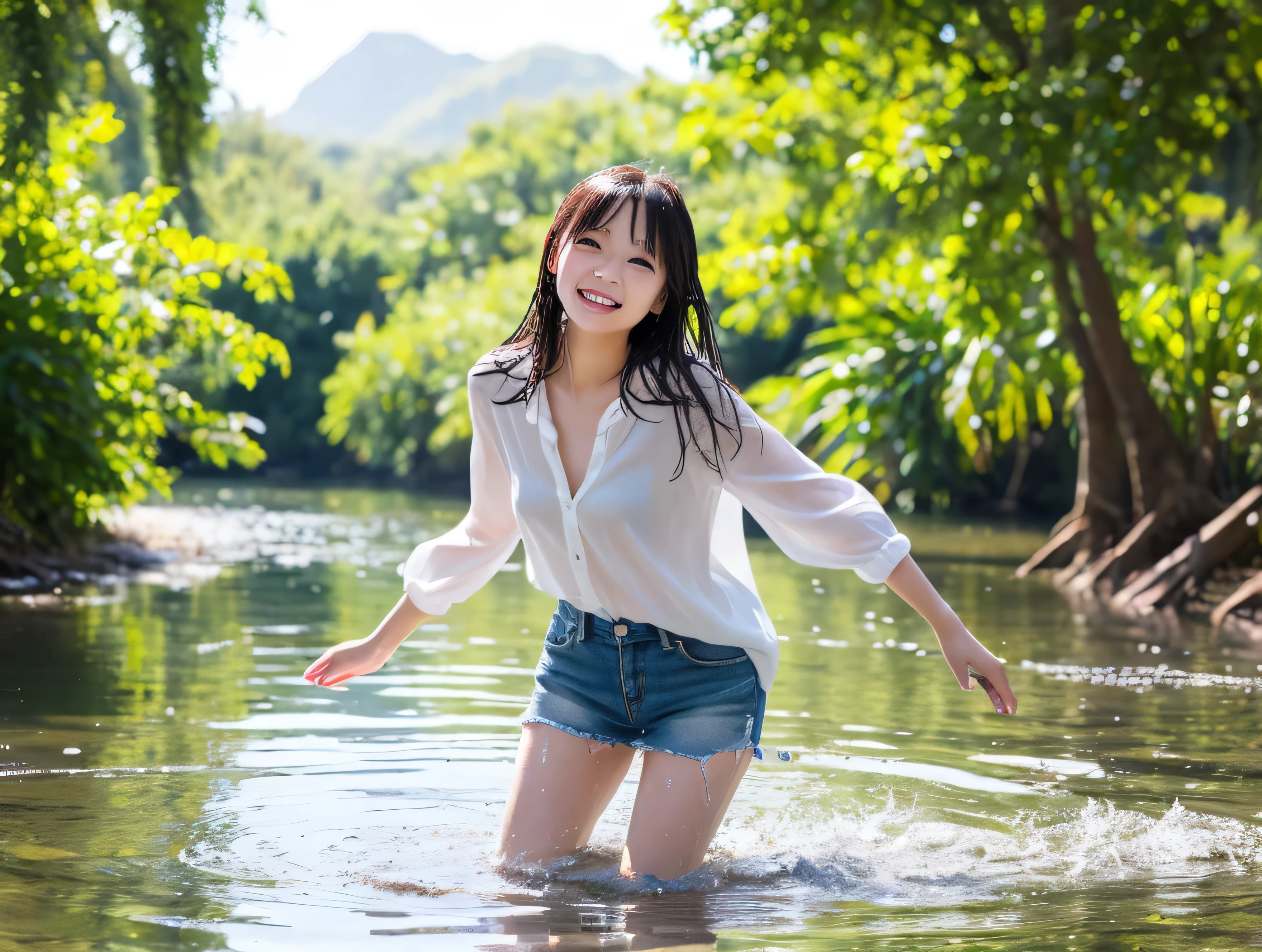 (masterpiece、hightquality、high-level image quality)、Healthy body、A delightful、(playing in the water)、River at the foot of the mountain、agitation、A Japanese Lady、年轻、cute little、Perfect body、summer vacation、Sunnyday、a straw fedora hat、Short sleeved shirt、breeches、(Playing in shallow water)、Beautiful river water、Clothes get wet、