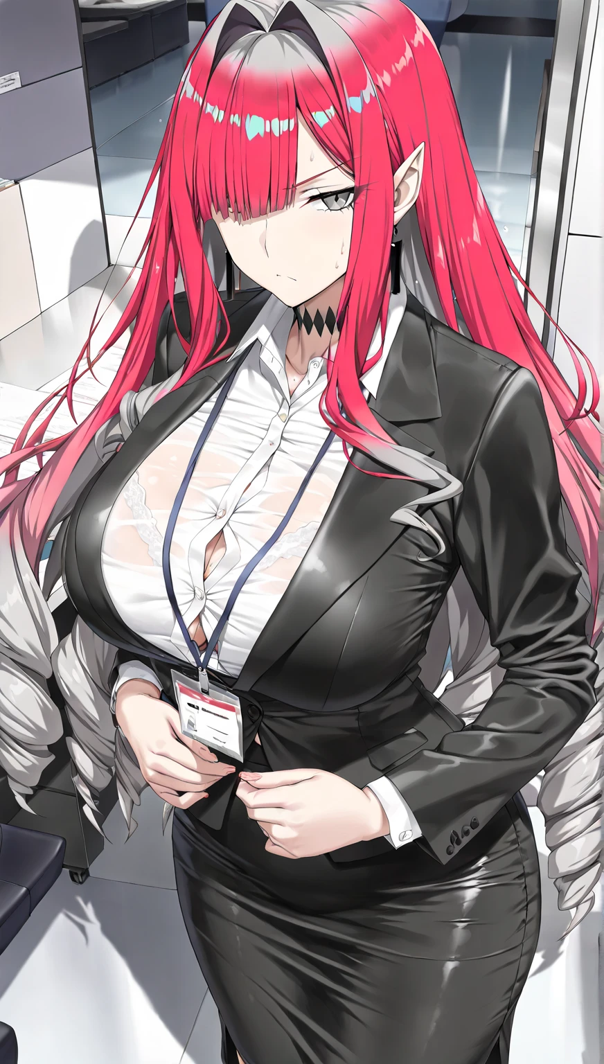 puuna, , 1girl, solo, large breasts, (Dark Red hair and Neon Pink gradient hair:1.4), parted bangs, (hair down:1.3), dark pink eyes, detailed eyes, masterpiece, best quality, highly detailed,breasts,skirt,cleavage,long hair,skirt
suit,suit,formal,jewelry,necklace,micro pencil skirt,jacket,smile,makeup,looking at viewer,business suit,
lipstick,office lady,mature female,micro miniskirt,indoor,office,office lady ,smile, open mouth, (nsfw) not
safe for work, holding a gun, evil expression, exposed belly, exposed navel, exposed midriff, exposed
lower belly , lipstick