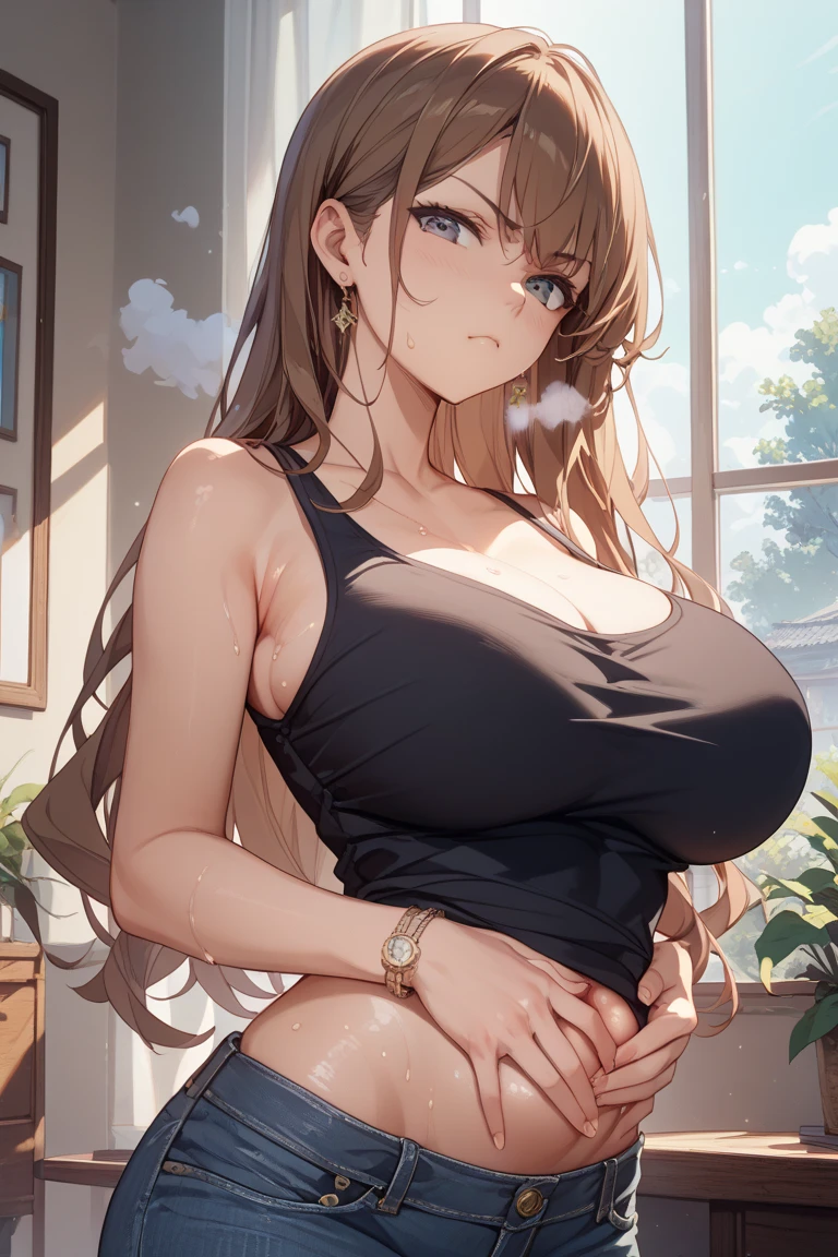 (masterpiece), best quality, Detailed, Ultra-Detailed, Digital Art, Detailed Face, HD, (Hyper-Detailed Eyes:1.2), (Absurdres:1.3), (Realism:1.25), (Realisitc:1.2), expressive eyes, /((tsundere face))/, perfect face, massive breasts, very curvy, auburn hair, blue eyes, full lips, at home, /((clothes details))/, (casual black shirt: 1.3), (casual skirt: 1.2), cleavage, at home, massive breasts, wide hips, sweating, 1 female, sitting down, sexy, facing the viewer, /((tsundere: 1.4))/