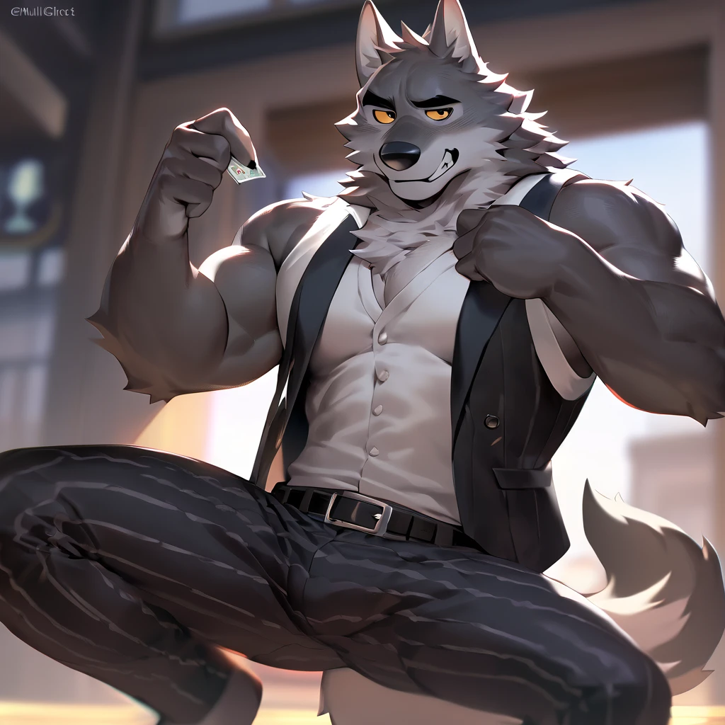 4k, high resolution, best quality, perfect lightning, perfect shadows, solo, anthro, young, boy, wolf, furry body, (fluffy mane:1.2), fluffy tail, male, adult, (bulky, thick muscles, huge muscles, hyper muscles:1.25), (thick biceps, veiny biceps, big broad veiny pecs, broad shoulders:1.1), (thick legs, thick calves:1.1), (digitigrade legs, 4 toes:1.2), (huge bulge, hyper bulge, genital outline), perfect colors, (photorealistic fur, detailed fur, epic, masterpiece), (suggestive posing:1.2), (seductive smile, lustful grin 1.3), detailed modern bar, (black leather jacket, open jacket, tie, black shorts), detailed wolf eyes, by Chunie, by darkgem
