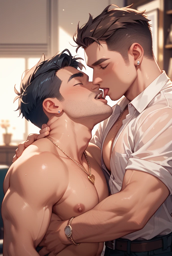 best quality, masterpiece, close up of handsome muscular man with medium length middle parting hair, licking an erect penis, dripping precum, saliva string from penis to his tongue, dramatic shadows