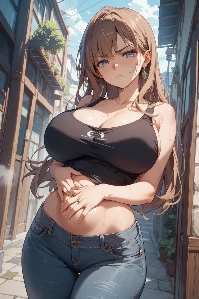masterpiece, extremery magnificent view, perspective, extremery best quality, extremery detailed CG, 8k wallpaper, ultra high resolution, highly detailed face, highly detailed eyes, perfect anatomy, super detailed skin, not safe for work,
(dynamic angle, casual pose:1.2), outdoors, downtown, (legs focus, full body:1.3), (beautiful face, beautiful eyes, beautiful legs),
1girl, 20 year old, European woman, brown hair, sleek hair, long brown hair, forehead, blue eyes, large breast, cleavage, hard nipples, (black blouse), skinny, wide hips, thin waist, (blue skinny jeans pants), (black sneakers)