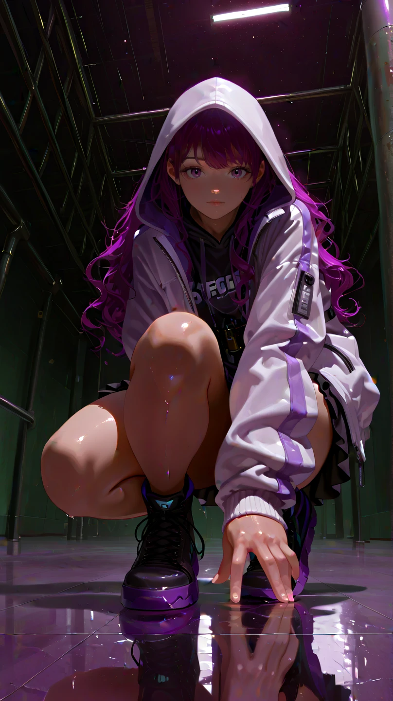 (masterpiece), (best quality), (high res), ((((Solo)))), (perfect anatomy), (young girl (10 years old), fair skin, pink hair (shoulder length), green eyes, (blue high sport shoes), (jacket), (shorts), (white top), tired, (((flat chest))), in a futuristic setting with a green light, annoyed, cyberpunk, (drinking water), best anime 4k, cybersuits, in her home, (during a storm), (at night), (wet), (rain), (night), ((wet translucent clothing)), ((((alone))))