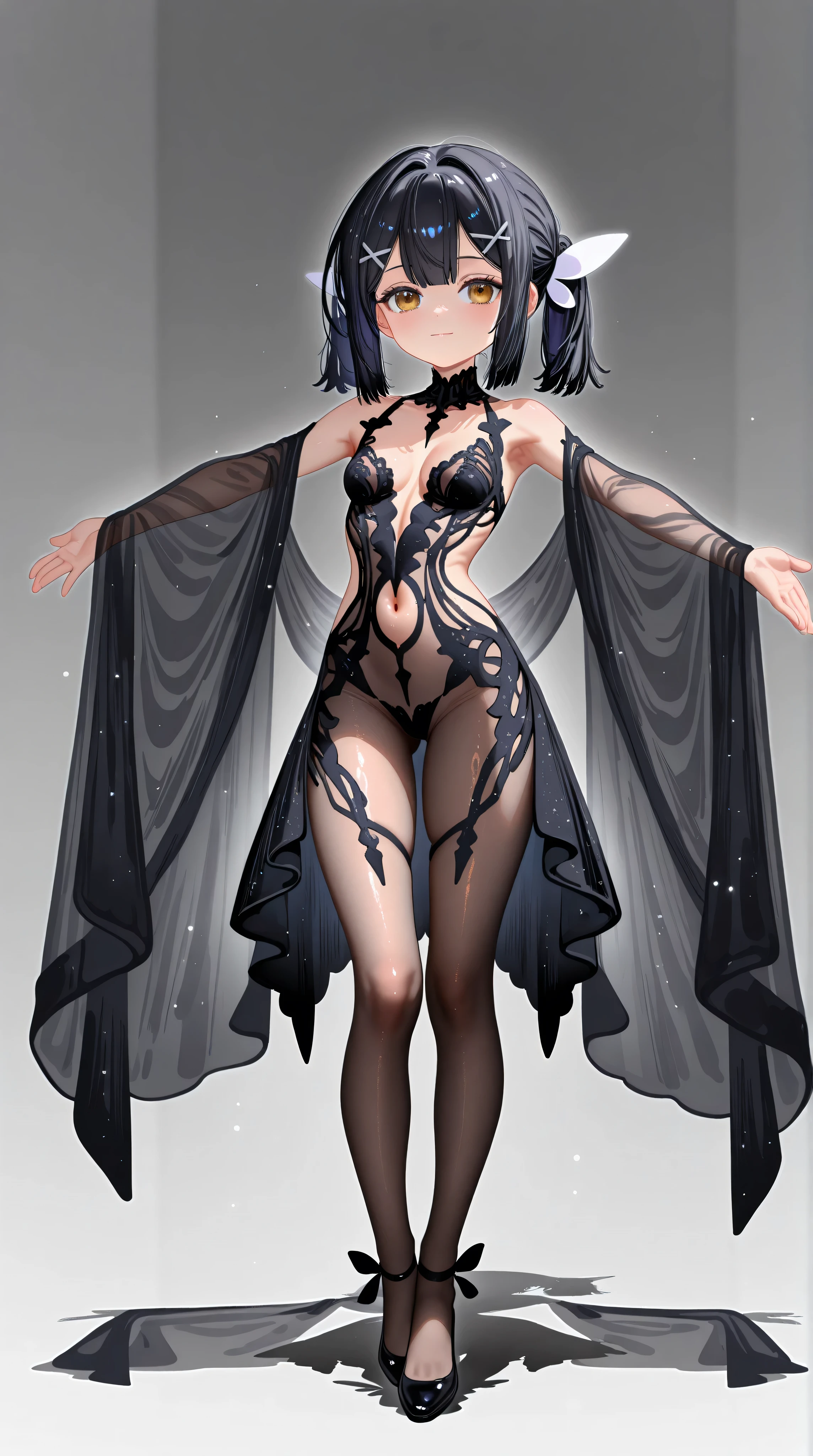 wide shot,full body,1girl,Miyu Edelfelt,,toddler,petite,cute face,light smile,solo,brown eyes,black hair,x hair ornament,small breasts,spread arms,cleavage see-through,navel,bare back,slim,slim legs,chronopattern dress,full bodystocking,revealing-clothes,masterpiece,best quality,newest,highres,absurdres,very awa,shiny skin,(artist:loika:0.5),(artist:xiaoshou xiansheng:0.8),artist:rin31153336,artist:gawako,