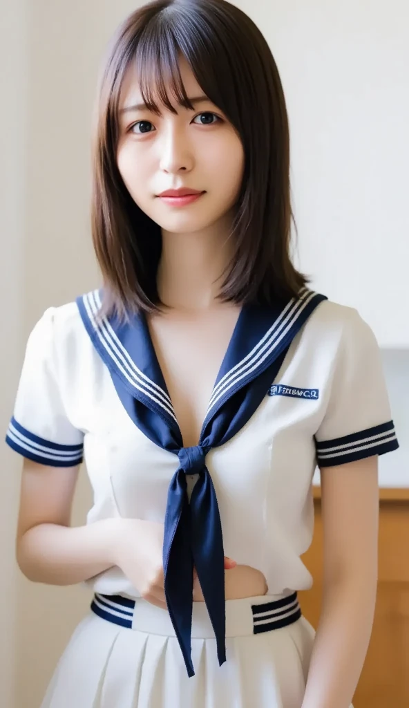 (Highest Quality, 8k, masterpiece:1.3), (((Big Breasts: 1.8))), (beautiful face:1.5), ,sitting on the floor,(indoor),bedroom,(shiny skin),(brown skin),(sweated),( Japanese Gal  ),(brown hair),bob hair,(  slim:1.2),(Bewitching Poses),watch viewers,(Shy Butt),(Open sailor suit showing chest :1.5),(Lift the hem of the shirt、show your chest with your hands:1.5),(please open the white gym clothes where you can see your nipples:1.3),(  Skin-tight  ),(tilt your head to the side),split your hair and see your forehead, displayed from the bottom of the front ,opens legs,platform sandals,miniskirt,miniskirt,navy blue pleated skirt,(white micro panties:1.3),nsfw,M-shaped leg opening,