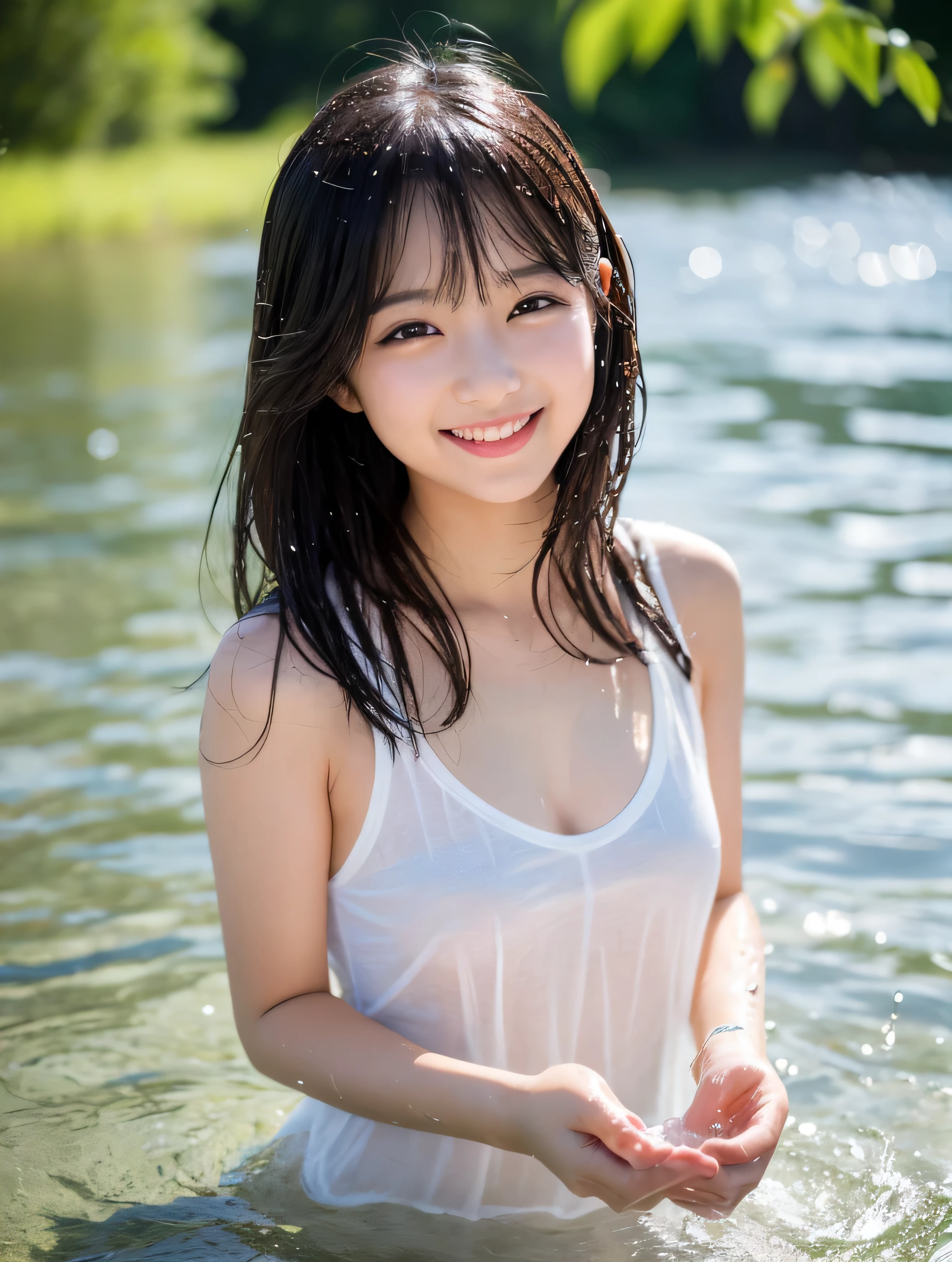 (High resolution:1.5),Very detailed,Highest quality,One Girl,Japanese women, smile, Voluptuous bust,Perfect body, Full body photo,Seaside,splash,In the sea,downpour,Soaking wet,Water droplets all over the body,Off-the-shoulder ruffled swimsuit,Belly button peek,The cleavage is visible,Mini skirt frilly swimsuit,Swimsuit soaked