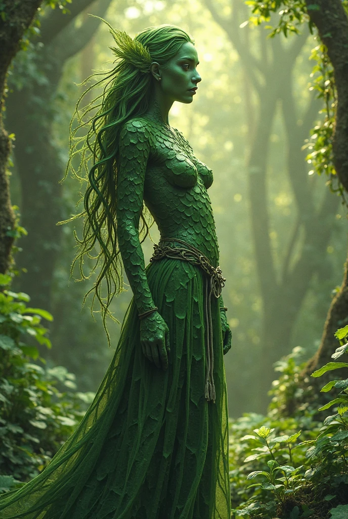 a full-lenght body shot of divine entity in the form of leaves, grass, vines and flowers, which resembles a woman with a veil without face, standing in the middle of a forest, a pleasant and magical aura around her, medieval fantasy, well detailed, no face