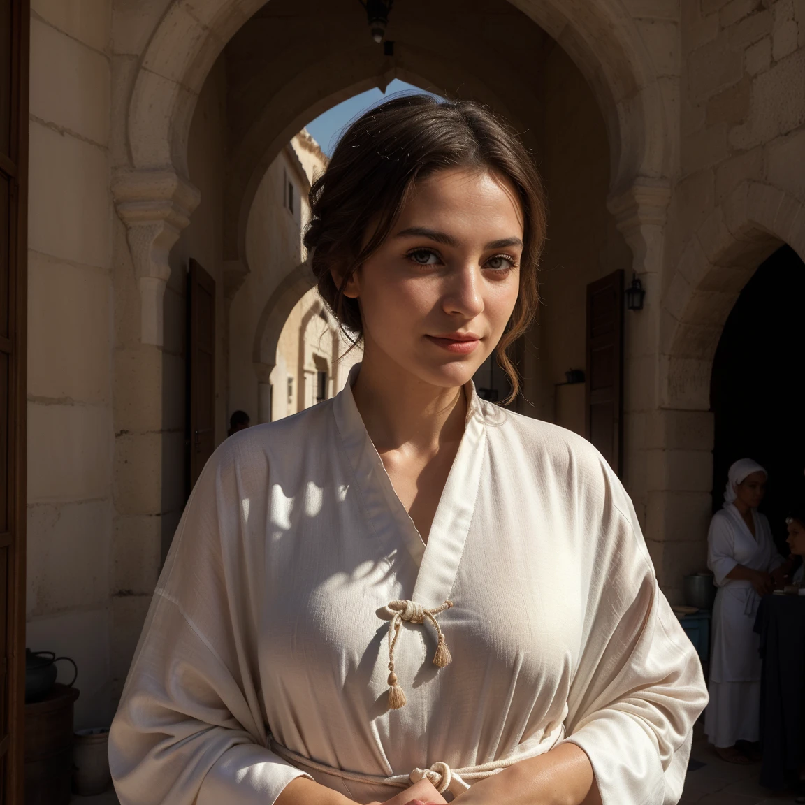 femme bulgare debout, (Bulgarie), ((dans la ville de Sofia)), jolie corps, beau visage, smirk, belle robe, soleil, (((devant la basilique orthodoxe)))