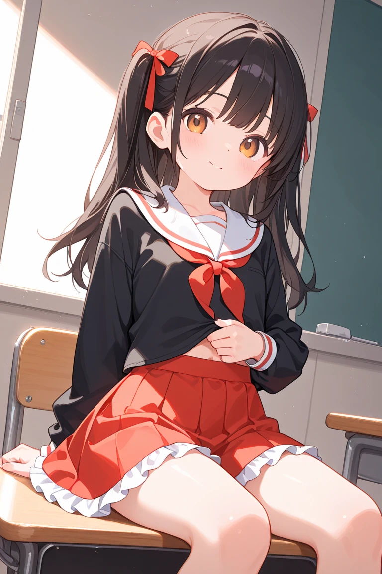 (masterpiece, 4K resolution, Ultra-realistic, Very detailed), girl、、、 shortsleeve serafuku,Sit on a chair、classroom、Holding white panネクタイs with both hands、smile、Black Hair, twintail、Brown eyes,holding panネクタイs,presenting panネクタイs.Perfect Fingers、Holding panties , beautiful face