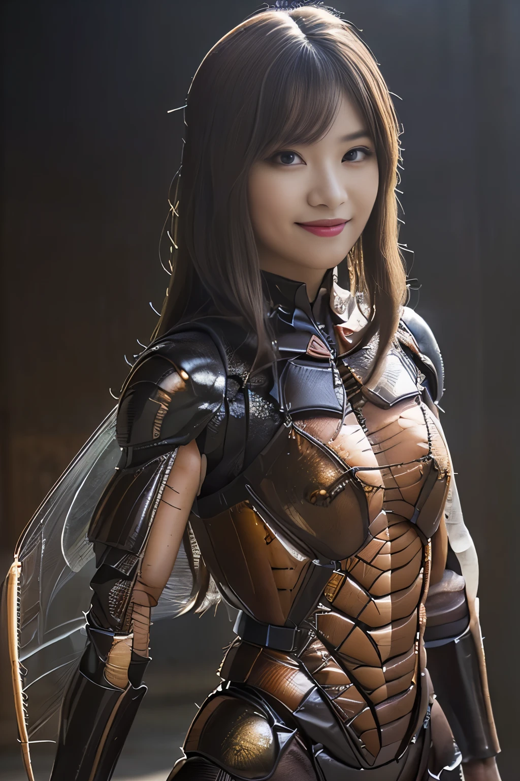 (high resolution,masterpiece,best quality,extremely detailed CG, anime, official art:1.4), realistic, photo, amazing fine details, all intricate, gloss and shiny,awesome many layers, 8k wall paper, 3d, sketch, kawaii, illustration,( solo:1.4), perfect female proportion,villainess, (fusion of dark brown cockroach and lady:1.4), (brown cockroach form lady:1.2), (brown cockroach lady:1.2), (fusion:1.2), (solo:1.4), (evil smile:1.2), muscular, abs, (cockroach brown exoskeleton bio insect suit:1.4), (cockroach brown exoskeleton bio insect armor:1.2), (brown transparency cockroach wing:1.4), (brown cockroach antennae:1.3),