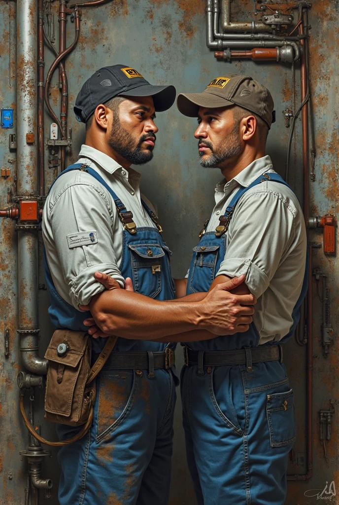 A foto mostra dois homens robustos, carecas e peludos, exibindo corpos super barrigudos. They are both wearing only jeans, leaving their torsos exposed. Their expressions are serious and confident, with an imposing and charmingly masculine presence. They are entering a dark and dirty brothel room