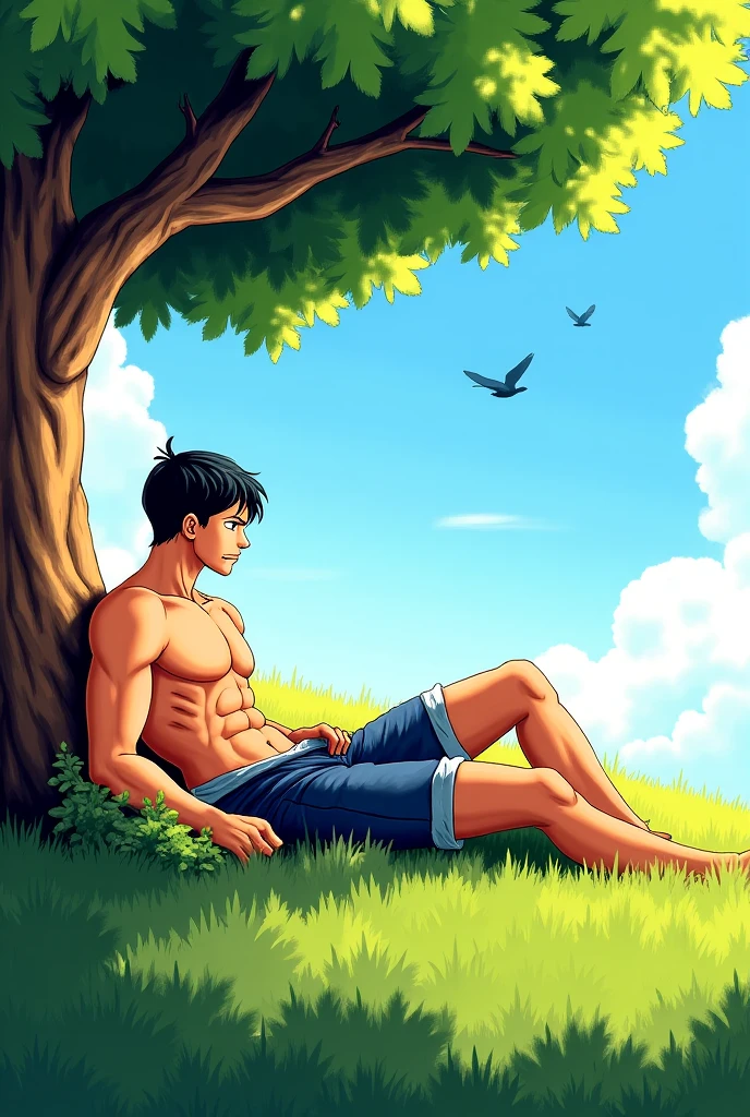 (solo, full body photo:1.3, anime), lying under a tree, muscular man, legs crossed,
