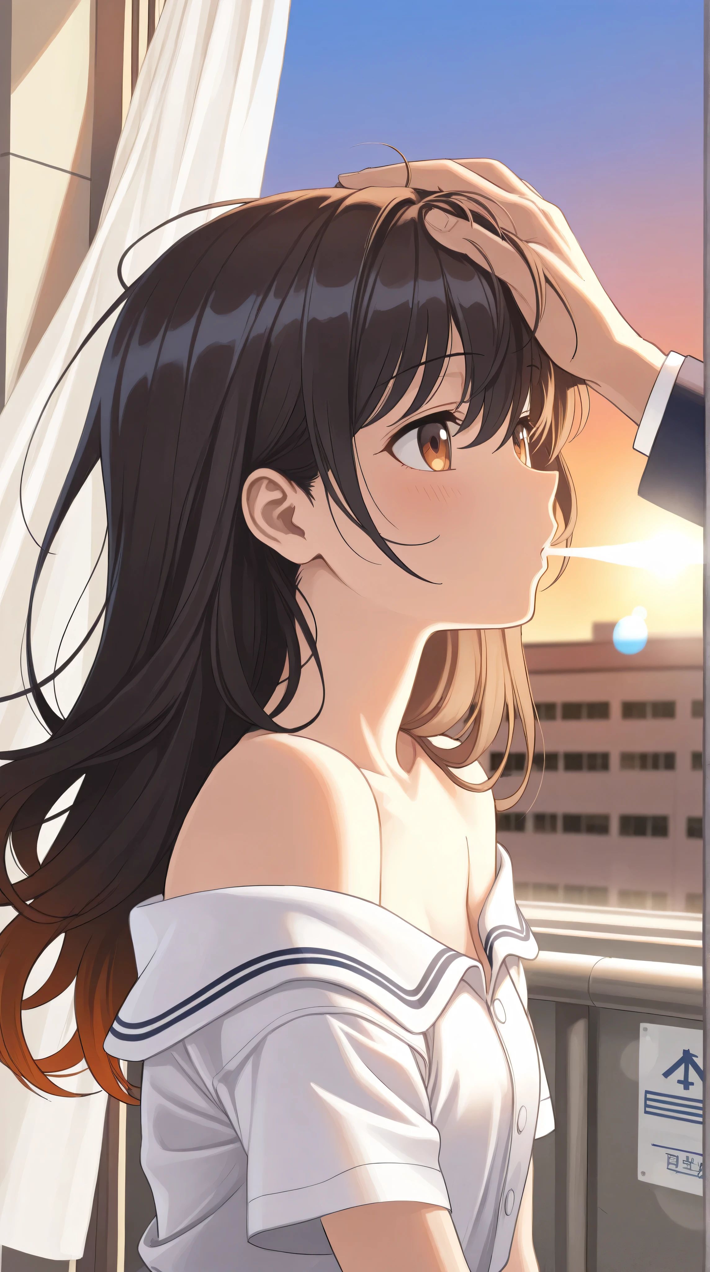 Golden hour scene in a quiet school corridor. Old-style academic buildings with staggered heights, off-white concrete walls with signs of aging. Large open windows with white sheer curtains blowing in the wind. In the distance, a gradient sunset sky fading from deep orange to gold. Two characters stand by the railing: the girl (light chestnut wavy shoulder-length hair, amber eyes, ) and the boy (short messy black hair, dark brown eyes, white shirt with navy school blazer). The boy gently pats the girl's head, and she tilts her head and smiles softly. Medium shot with slight upward angle, backlit with lens flare. Warm nostalgic film tone, soft depth of field, slow motion, emotional atmosphere.
