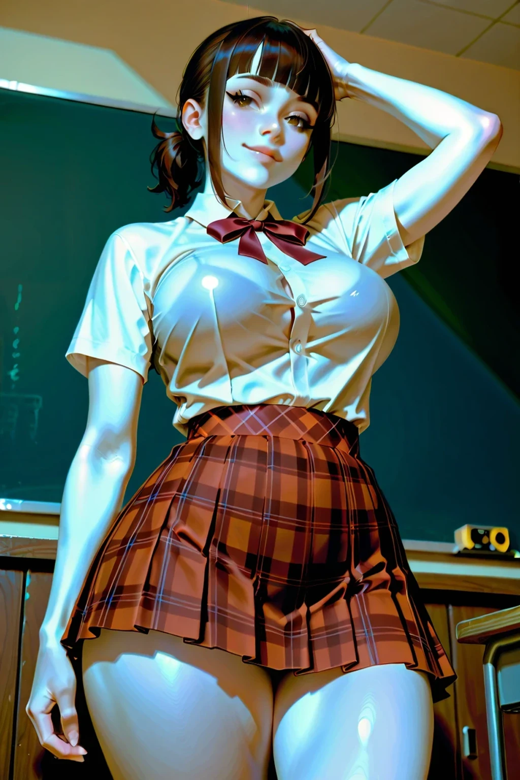 young Emma Stone, cleavage, tied shirt, midriff, flashing red panties, short skirt, stockings