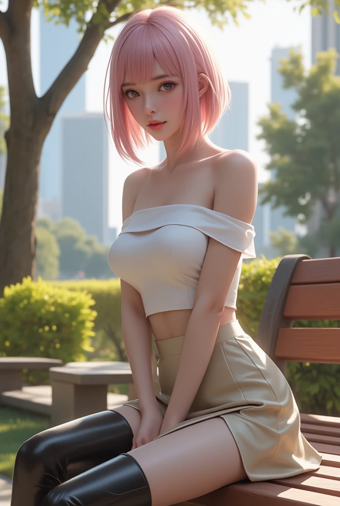natural(Large breasts:1.25), (micro:1.4)Short pants, (64k uhd, Raw photo, Best Quality, masterpiecel1.4), (Realistic, Photorealsitic:1.37), Photo of a relaxed Japanese girl & Oversized black jacket, White sheer cami top, Looking away, Seductive smile, (Kpop Idol), hair messy, Medium Hair, (Pink blush), (Lighting), Wooden bench, Sitting, legs close, Closed legs, (Solo), Dynamic Pose,(Puffy eyes:1.3), (Slim legs), nffsw, Highly detailed, Ambient Occlusion, Outdoors, Natural park, Harmonious composition, Fine Art Photography,