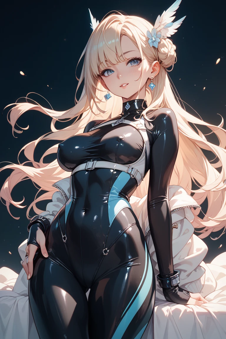 Full body black rubber suit　My body is soaked in the rain　Covered in mucus　anime　Figure skater　The whole body has a metallic sheen　Blonde Long Hair　Soaked in the pouring rain　Wet and transparent black super long gloves　Wet and transparent black leotard　Black Pantyhose　Scared　I am going to cry　Embarrassing　Big breasts that look like their clothes will rip off　very large chest　Extremely distended chest　huge chest bulge　cute　Pitiful　clear　Small eyes　Droopy eyes　　Pale pink rouge　Royal City Basement　Old bed　hair band　Wet and see-through black bodysuit　Black See-Through　Mucus all over the body　Wet lips　Sweat is pouring out from my whole body　Mucus is stringy　Glossy with lotion　Embarrassing　Blushing　White Wet　大量のWhite Wet
