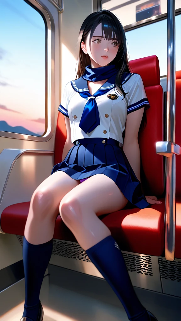 finest, masterpiece, High resolution, (full body), front, symmetrical, Mature tall high school girl, alone, (full body from head to toe), small breasts, slightly messy hair, (black tight track pantyhose), black pantyhose, composition showing white panties, slender beautiful legs, A very beautiful and tall 17 year old girl, ((not wearing shoes)) , shy big eyes, ( (brown hair)), (bangs), messy hair, (hair clip), looking at camera, showing white panties, （forced to sit with legs up）、white ruffle lingerie, high school uniform blazer, high school uniform white blouse, High school uniform with blue ribbon, high school uniform with 短い plaid pattern and navy pleated skirt
