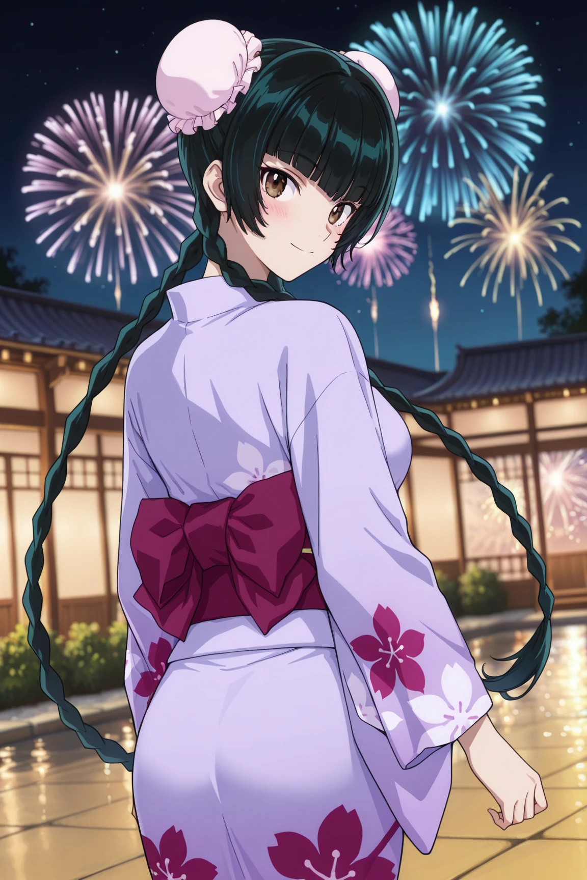 masterpiece,best quality,{{detailed beautiful face and eyes}}, very detailed background,
Wang Liu Mei,long hair,black hair,bangs,twin braids,hair bun,double bun,bun cover,brown eyes,medium breasts,
1girl,((kimono)),
aerial fireworks, blurry background, blush,fireworks,
smile,from behind,looking at viewer,looking back,night,night sky,outdoors, sparkle,clothed
