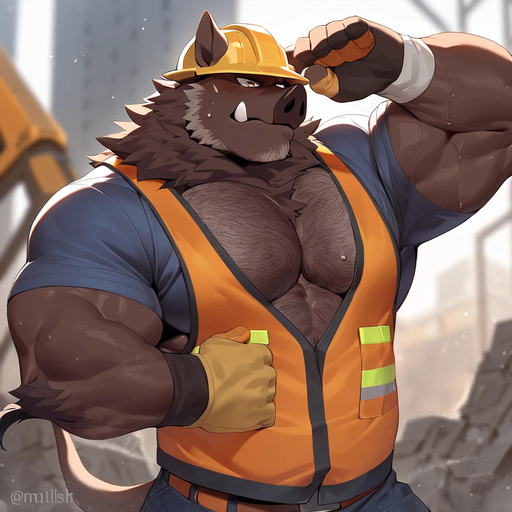 ((extremely detailed)), anthro (bull black), bovine face, bovine, horns, full body, from below, under view, (((((solo, 1boy, )))), ((bodybuilder, venous muscles, fur)), ((naked, (small underwear(dripping milk)), (genitalia overflow:1.15), pants down, itchy pubeasculine face, (tired expression), old age, construction helmet, [[[ripped white shirt]]], ((big nipple ring)), wet, sweat, hot weather, sun, ((construction site background, photorealistic)))