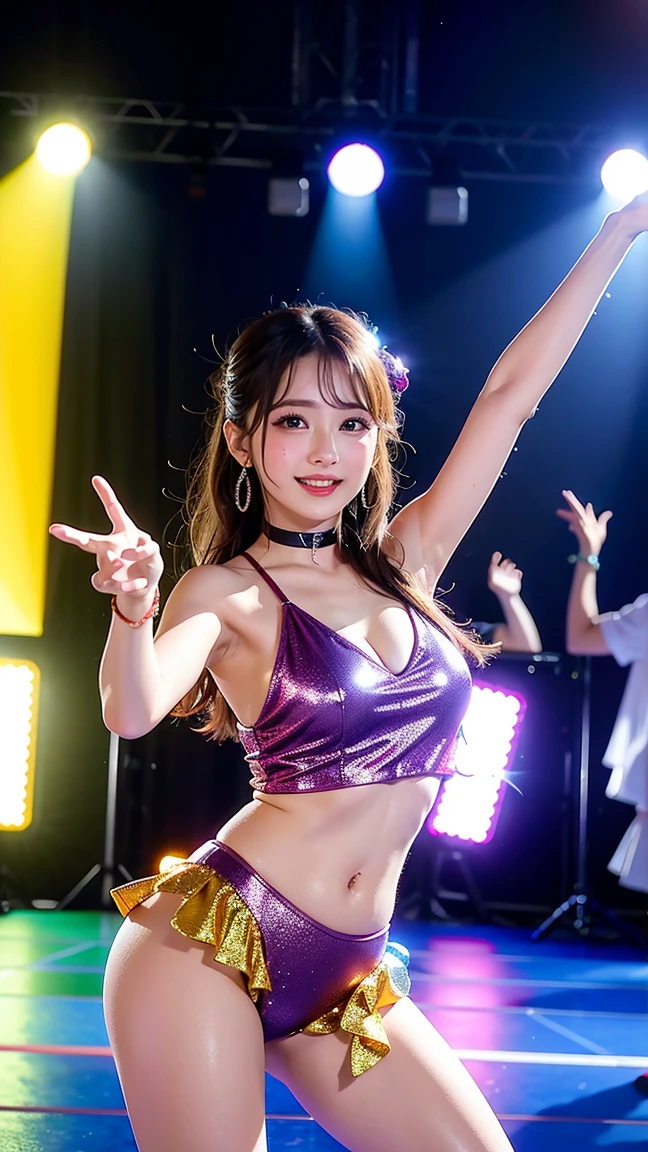 master piece、Ultra high resolution photo quality、cinematic camera work、Video of the entire stage、long shot、modern japanese strip theater、wide stage、wide seat、Mayu Minami、big droopy eyes、thick eyebrows、flushed cheeks、familiarity、very beautiful Japanese female dancer、athlete、very sexy、Very long and beautiful strong arms and legs and beautiful abs、Fair skin、Her fine skin is very beautiful、Sweat、beautiful bright smile、healthy、kind、Noble、refinement、kind、mild、raise one leg、active pose、yoga、gorgeous beautiful dress、Beautiful stage costumes、Dramatic and gorgeous beautiful lighting、Spotlight、Laser beam、smoke effect、clear acoustics、round table stage、body chain、